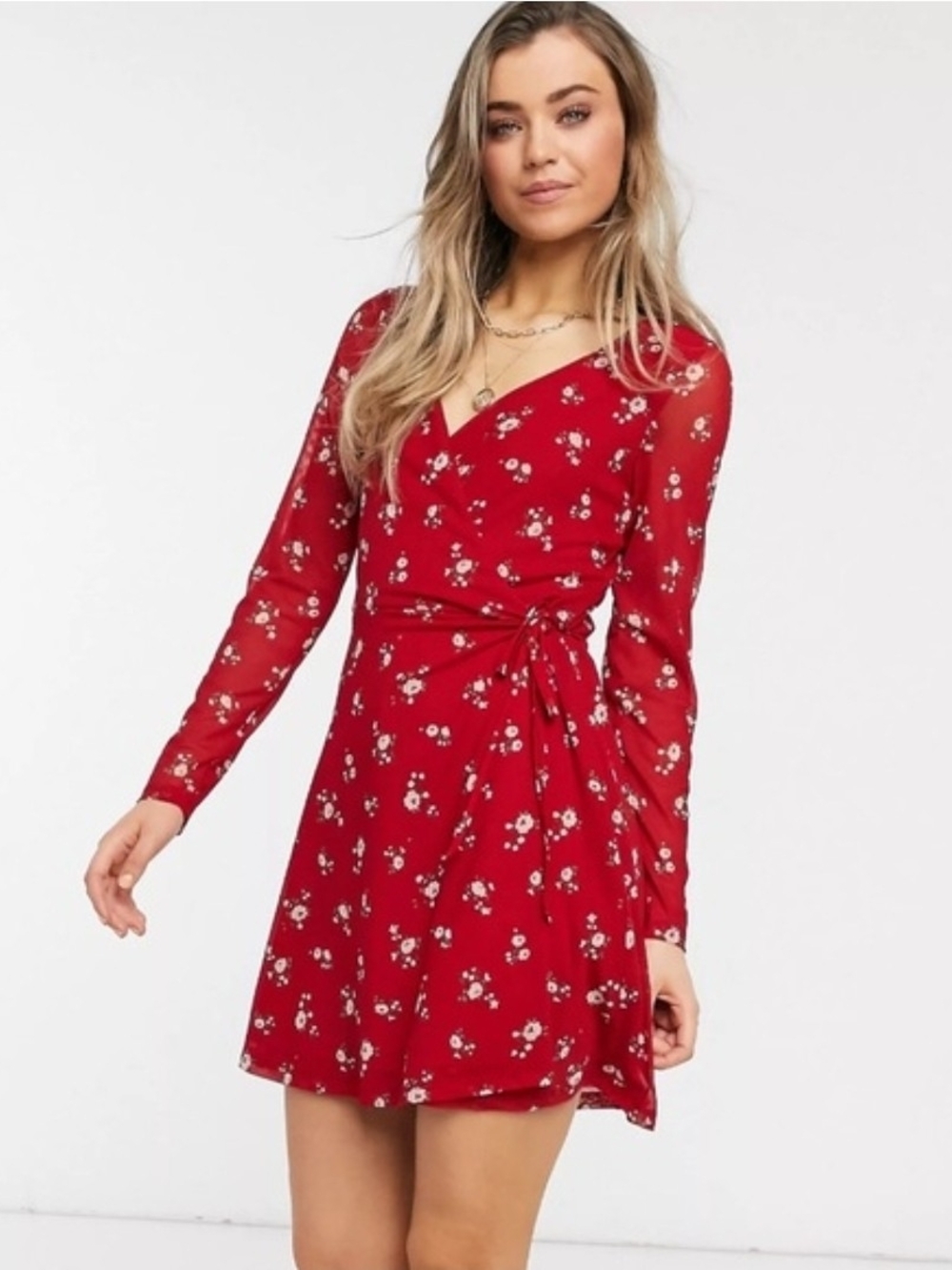 Hollister Red Floral Wrap Mini Dress Size XS